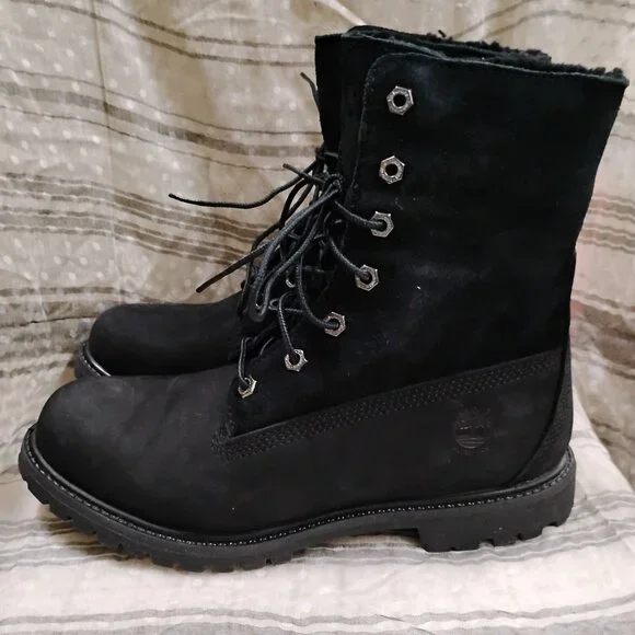 Women's Timberland Black Nubuck Fleece Fold Down Work Boot - Picture 2 of 10